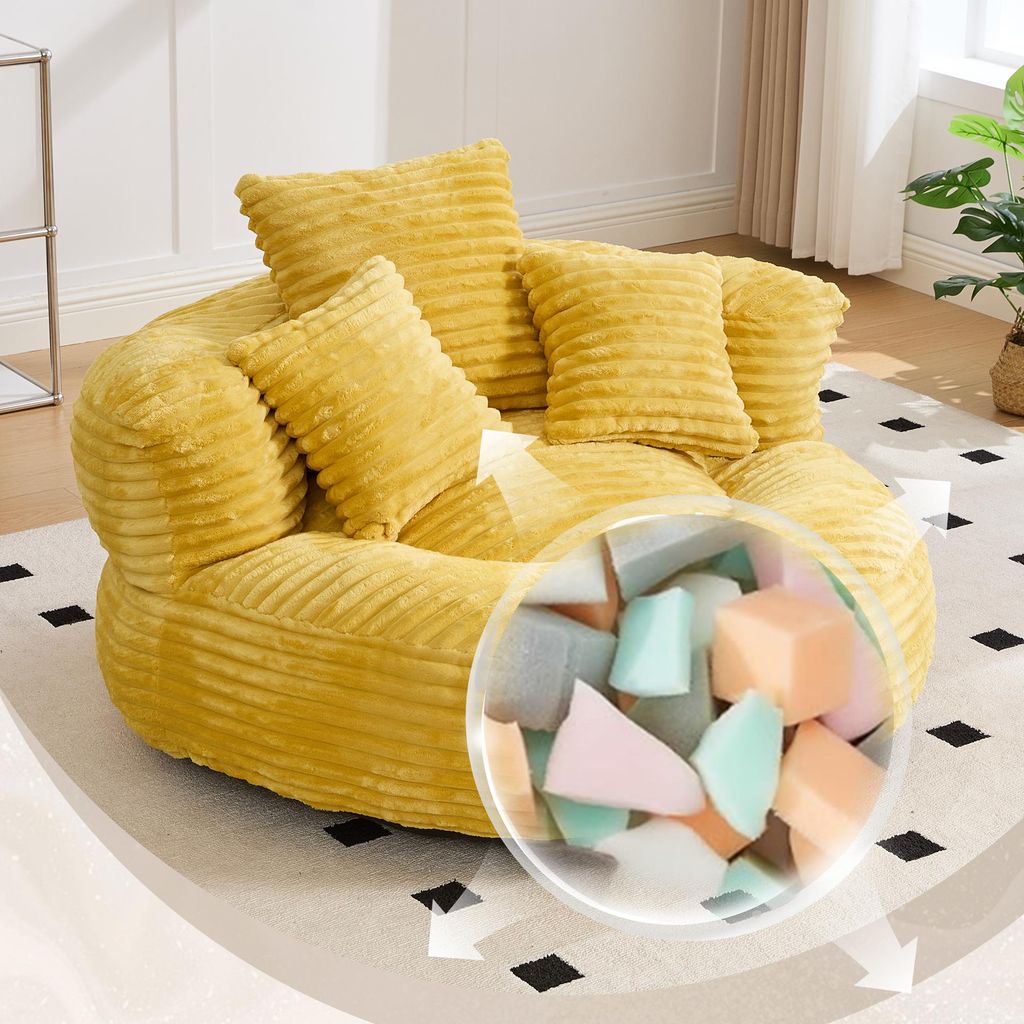 Sitzsack aus Cordstoff Langlebiger und bequemer Liegesessel Sitzsack mit hoher Rückenlehne Mit drei Kissen, für gleichermaßen geeignet,108*108*5...