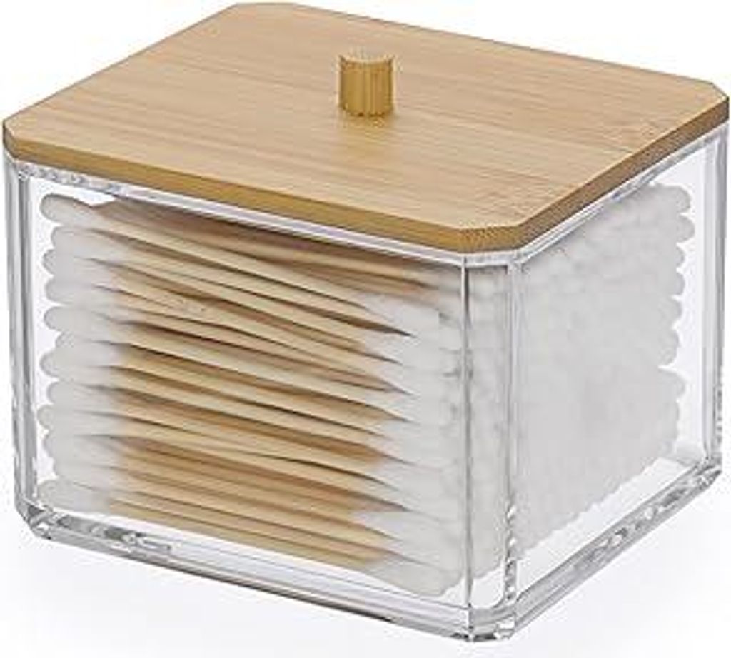 OGANAZI Wattestäbchen Box Acryl Wattepads Behälter Transparent Aufbewahrungsbox mit Bambusdeckel Klein Schminktisch Organizer für Tupfer, Tampon...