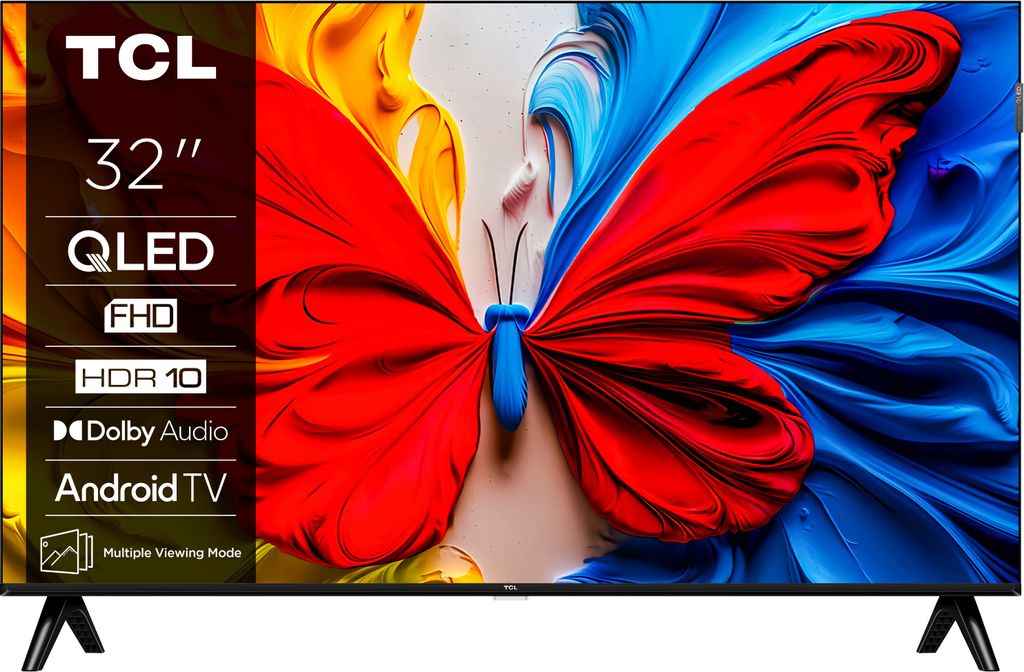A TCL 32-inch QLED TV displaying a colorful butterfly image, with product specifications listed on the left side.