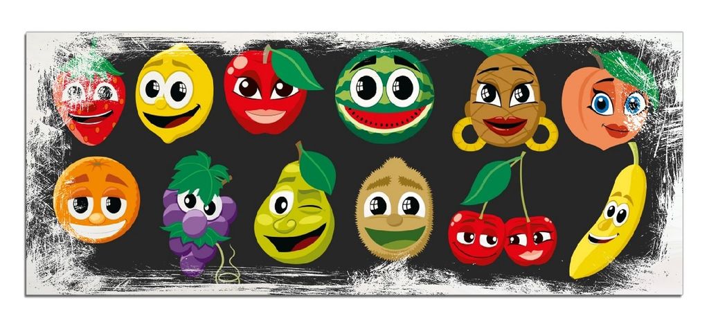 Wallario Kunstdrucke Wandbilder Holz in : Brillante Farben, Größe 50 x 125 cm Motiv Obst-Smilies im Comic-Stil - Lustige Früchte