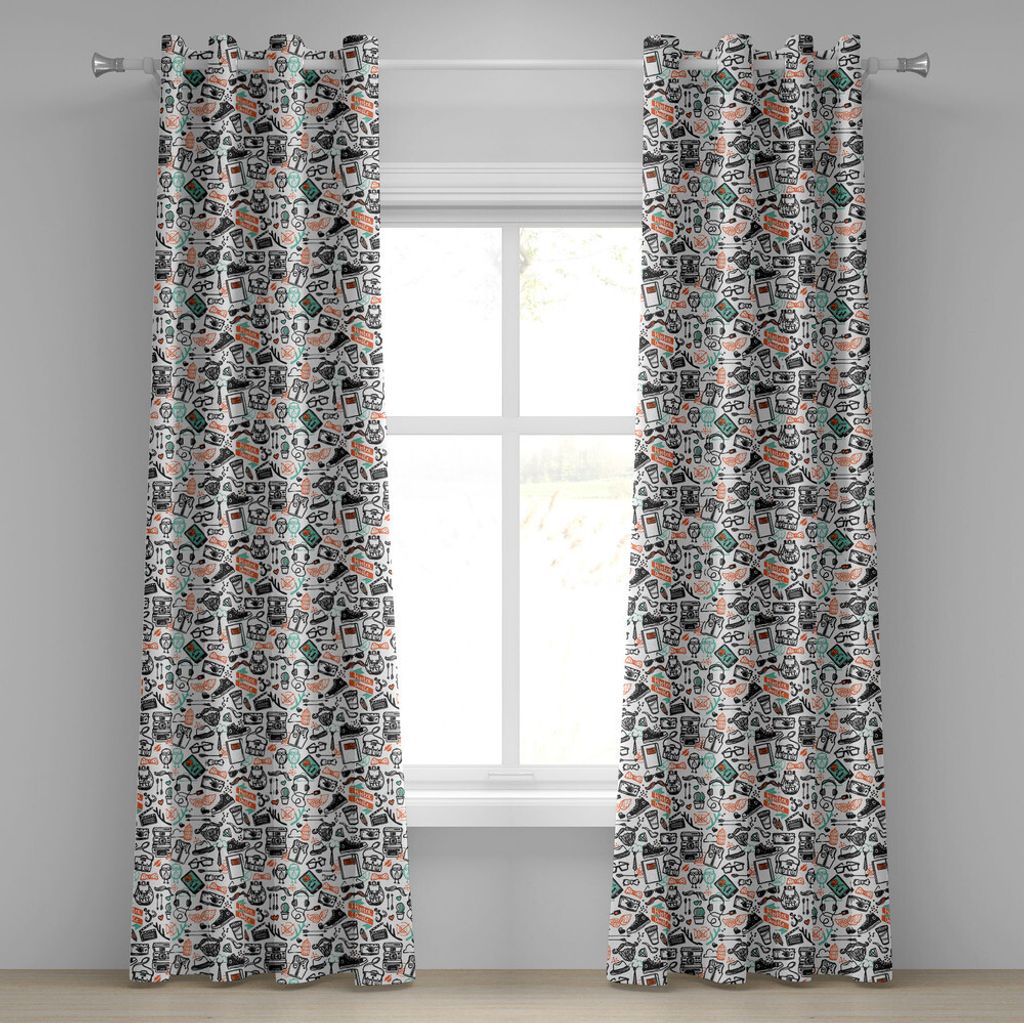 ABAKUHAUS Indie Ösenvorhang, Hipster-Mode-themenorientierte Muster-Kleidungs-Zusätze und Symbole flüchtige Kunst, Dekorative 2-Panel-Fenstervorh...