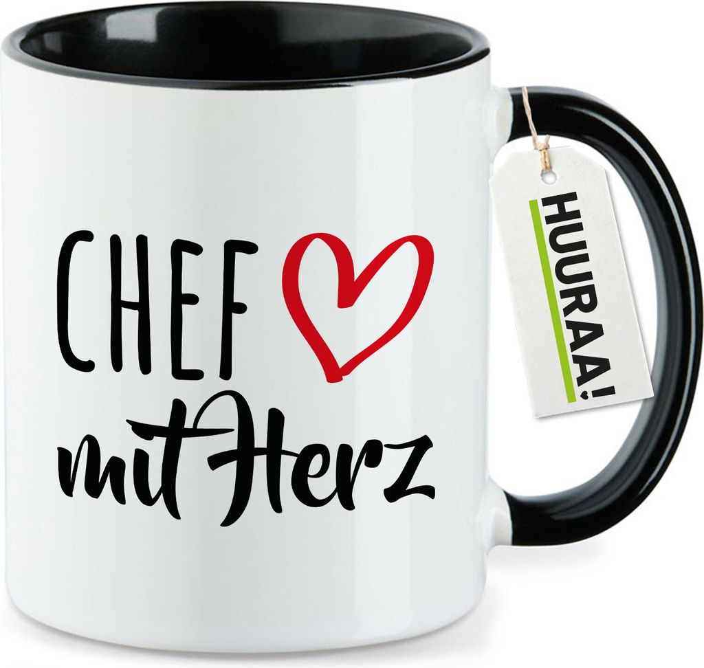 Huuraa Kaffeetasse Chef mit Herz 330ml Schwarz Keramik Kaffeebecher Geschenkidee