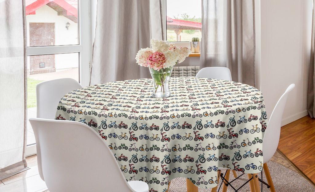 ABAKUHAUS Sport Runde Tischdecke, Bunte Fahrräder Muster, Kreis Tischdecke Abdeckung für Esszimmer Küche Dekoration, 150 cm, Mehrfarbig