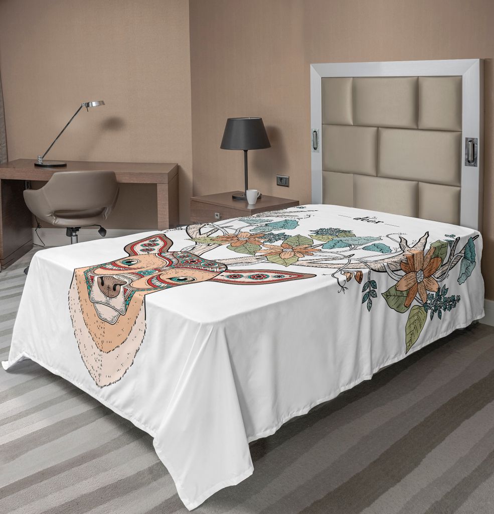 ABAKUHAUS Geweih Bettlaken, Hirschkopf Mit Blumen Blooms Ethnic Cultural Design Ornamental Illustration, weiches bequemes oberes Bettlaken für ein...