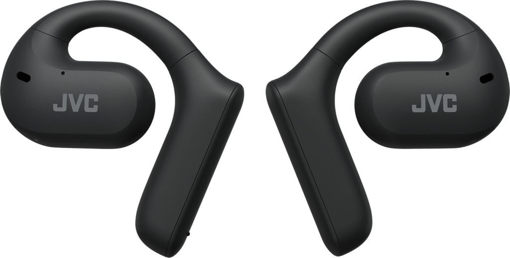 A pair of black JVC wireless sport headphones are shown against a white background.