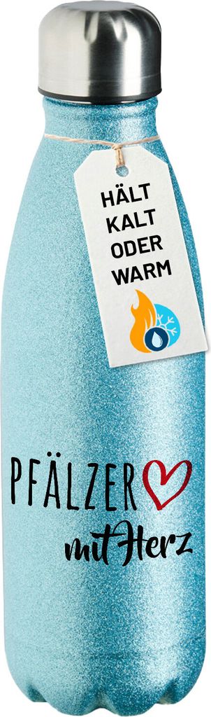 Huuraa Trinkflasche Pfälzer mit Herz 500ml Blue Edelstahl Wasserflasche Trinkflasche Geschenkidee