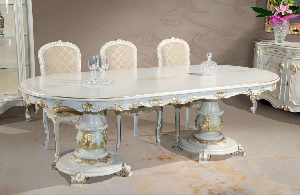 Casa Padrino Luxus Barock Esstisch Weiß / Cremefarben / Mehrfarbig / Gold - Ovaler Massivholz Esszimmertisch im Barockstil - Barock Esszimmer Möb...