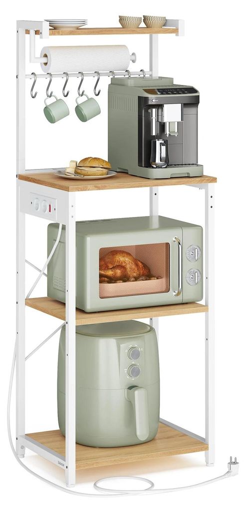 Küchenregal/Bäckerregal mit Ladestation - KKS013 Küchenregal - 4 Ebenen - 8 Haken - Metallrahmen - 45×40×140 cm - Freistehend - Gelb