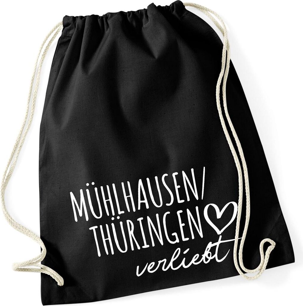 Huuraa Turnbeutel Mühlhausen/Thüringen verliebt 12 Liter Black Baumwolle Rucksack Geschenkidee