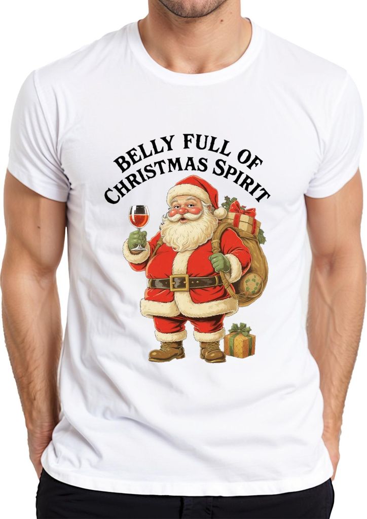 Belly Full Of Christmas Spirit Weihnachtsmann Santa Wein Lustig Herren T-Shirt, Weiß, XXL