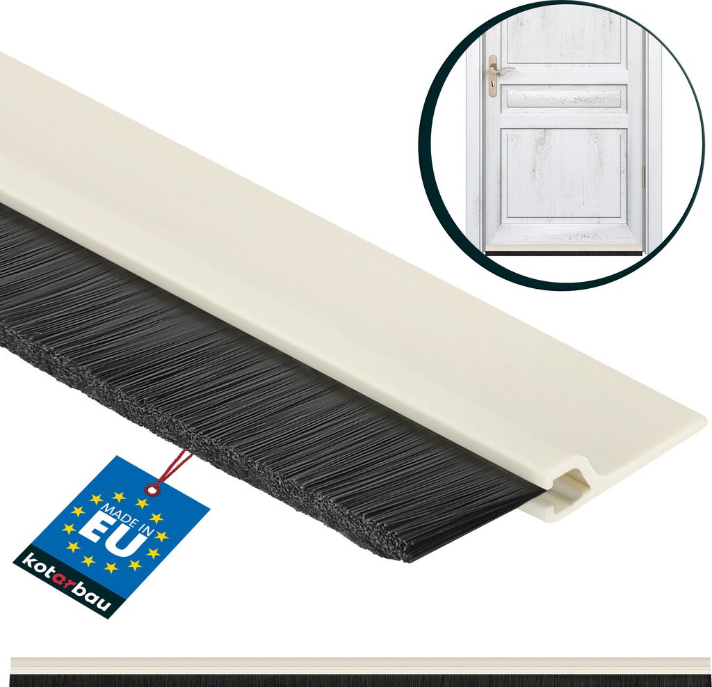 A close-up of a beige brush seal strip with a tag that says 'MADE IN EU' and a circular inset showing a white door.