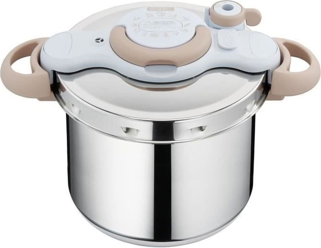 A stainless steel pressure cooker with a white and beige lid, shown from a slightly elevated front-left angle on a white background.