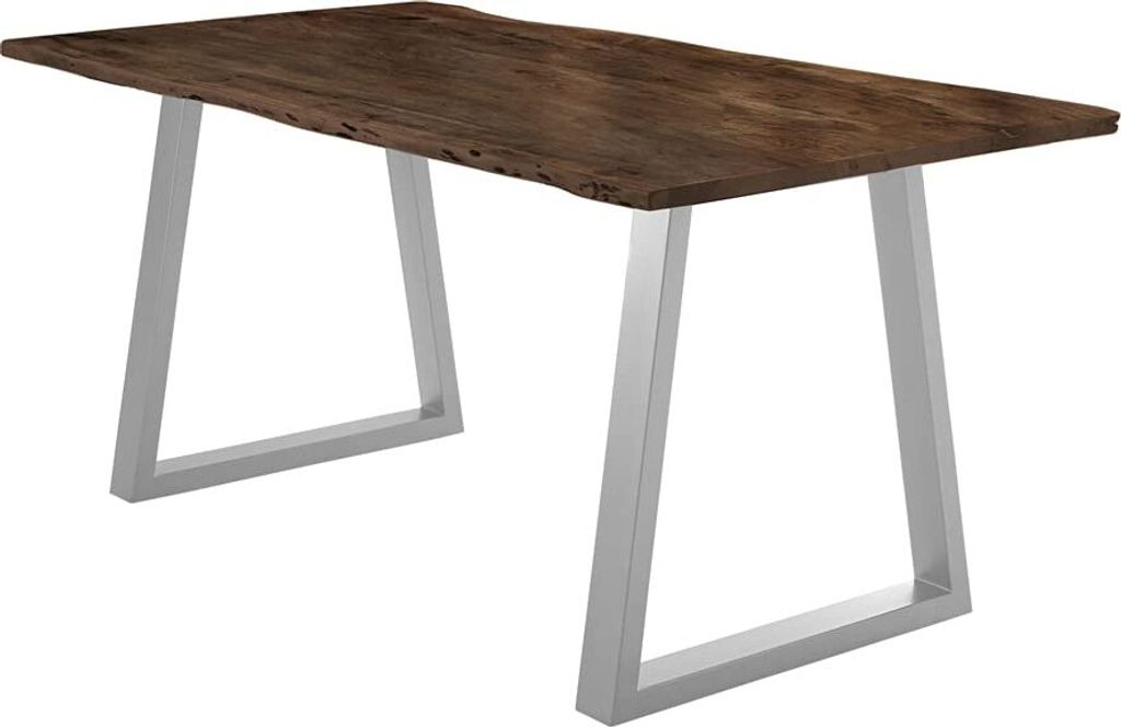 Esstisch 200x100 cm Lubin, Akazienholz nussbaumfarben, Massiver Esszimmertisch mit echter Baumkante, Baumkantentisch mit V-Gestell Silber, Holztisc...