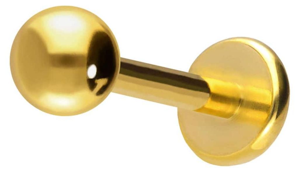 Ohrpiercing, Nasenpiercing Titan Labret mit Push Fit Gold Stablänge: 10mm + Stabstärke: 1mm + Kugelgröße: 2,5mm