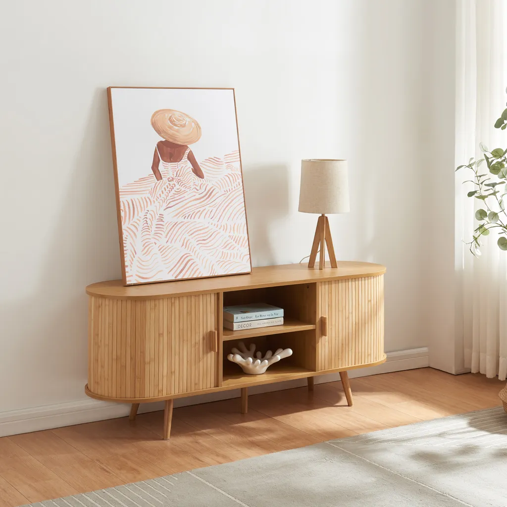 Meuble Buffet en Bambou 140cm Design Nordkapp avec Portes Coulissantes
