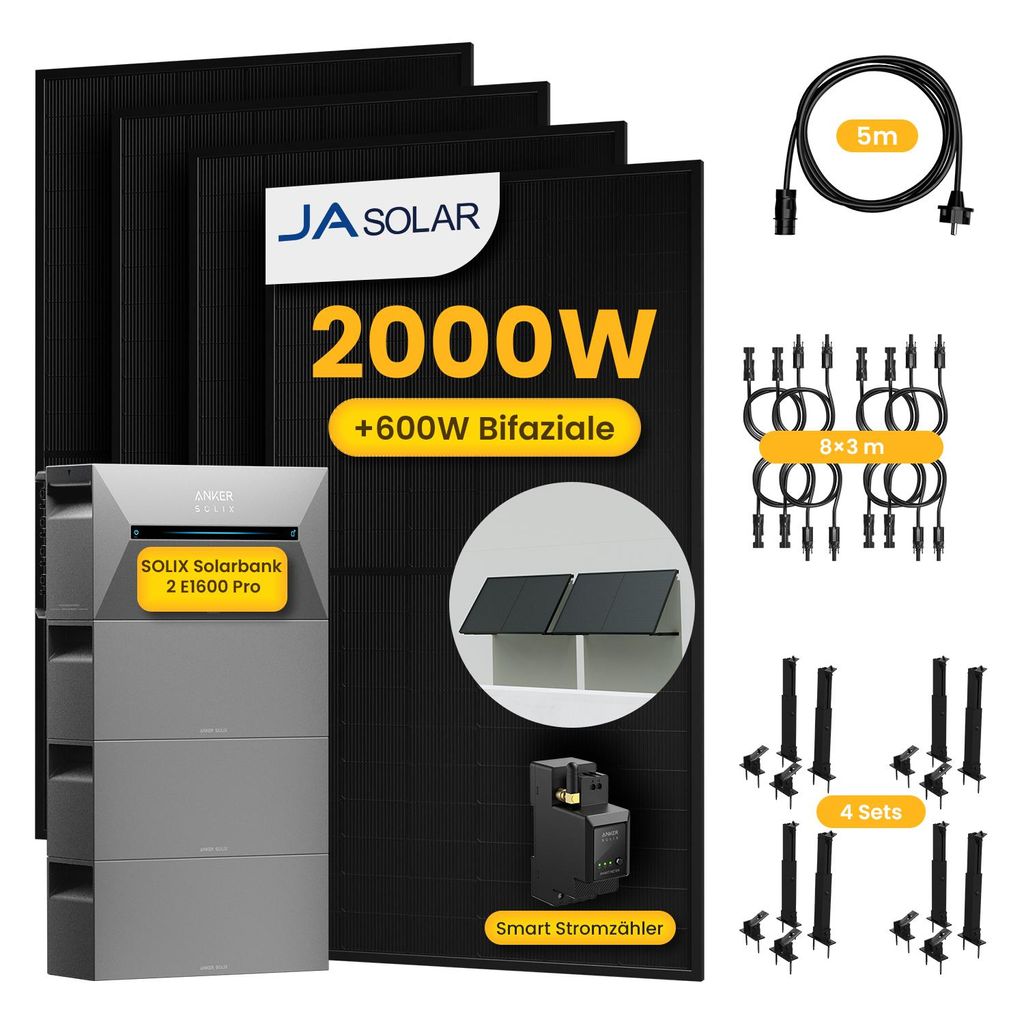 Powerness Balkonkraftwerk mit Speicher,Anker Solarbank 2 E1600 Pro mit 3x BP1600 Erweiterungsakku und 4x 500W JASolar Module & 4x Flachdach-Halterung