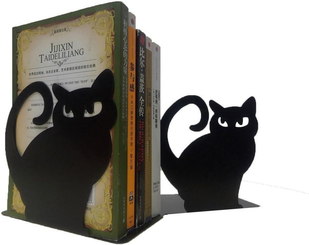 Paar dekorative Buchstützen aus Metall in Form einer Perserkatze für Regale, schwarz