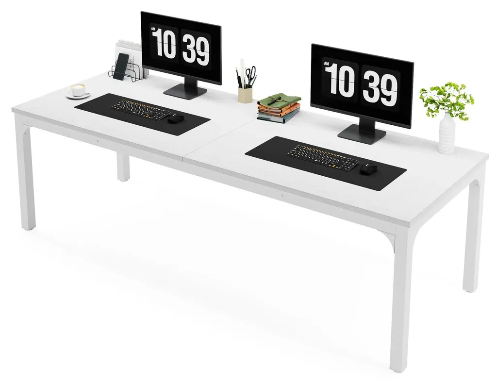 Bureau double 2 personnes 200 cm blanc et bois table d'ordinateur XXL