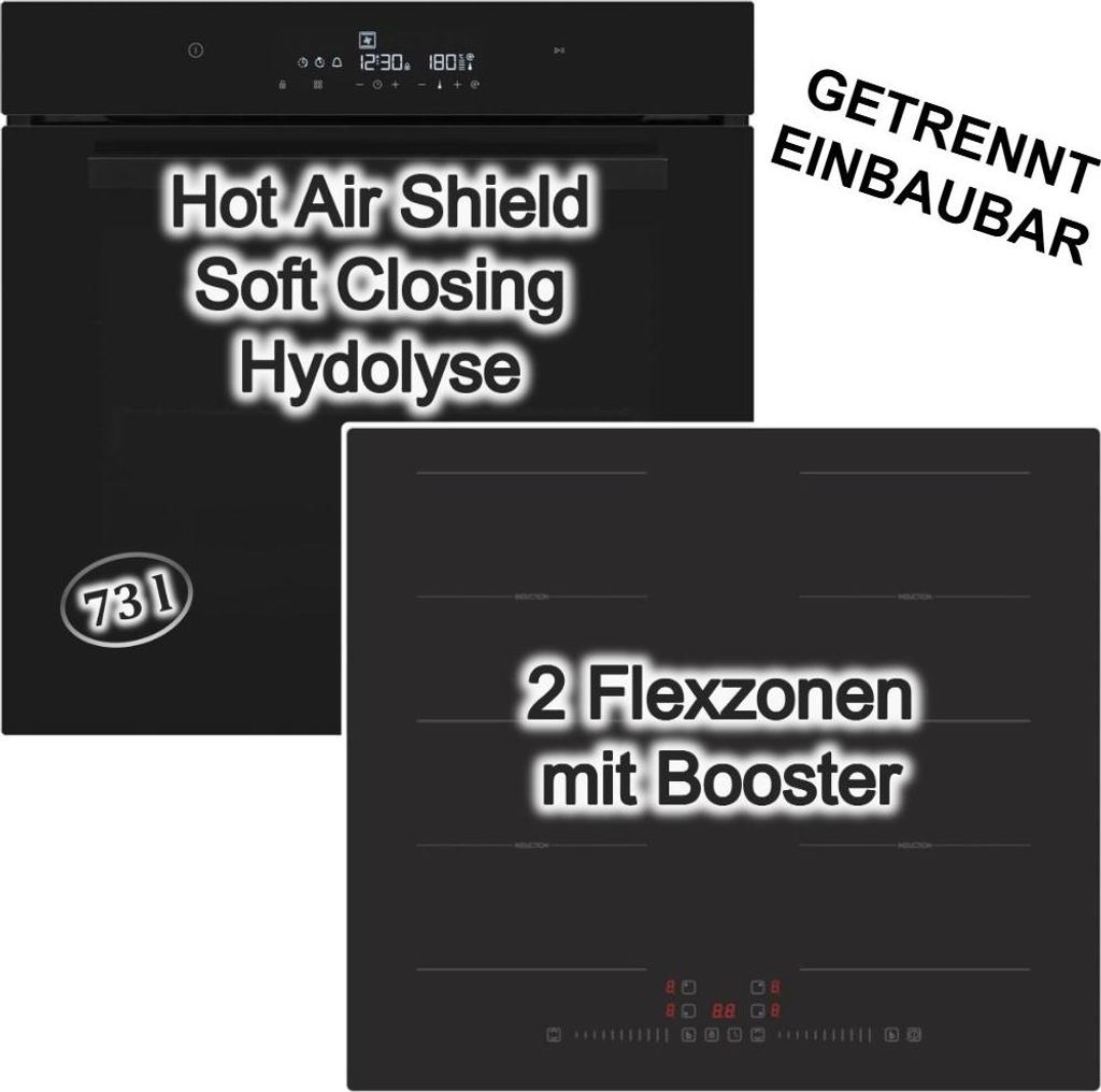 Herdset Backofen Hydrolyse SoftClose 73 Liter Induktionskochfeld 60 cm Flexzonen Booster autark rahmenlos Daewoo PKM