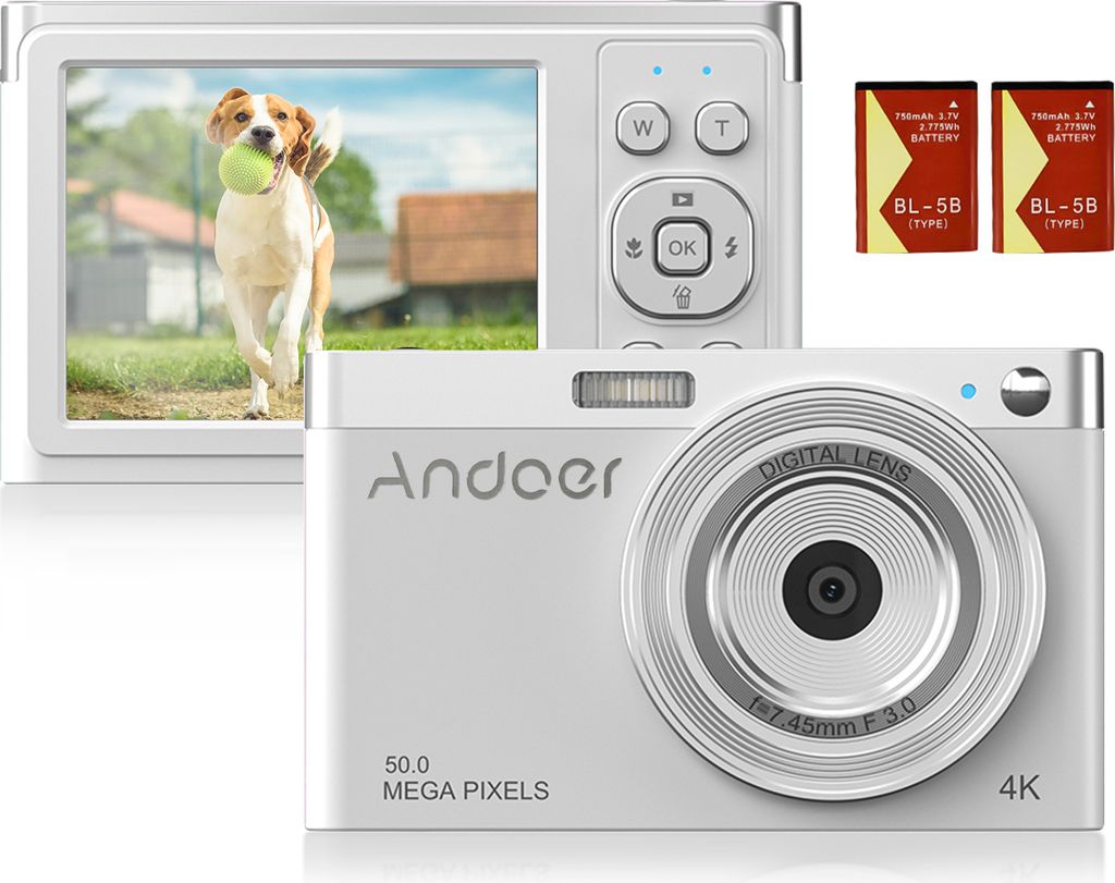 Andoer Kompakte 4K-Digitalkamera, Video-Camcorder, 50 MP, 2,88 Zoll, IPS-Bildschirm, Autofokus, 16-facher Zoom, Anti-Shake-Gesichtserkennung, Smile...