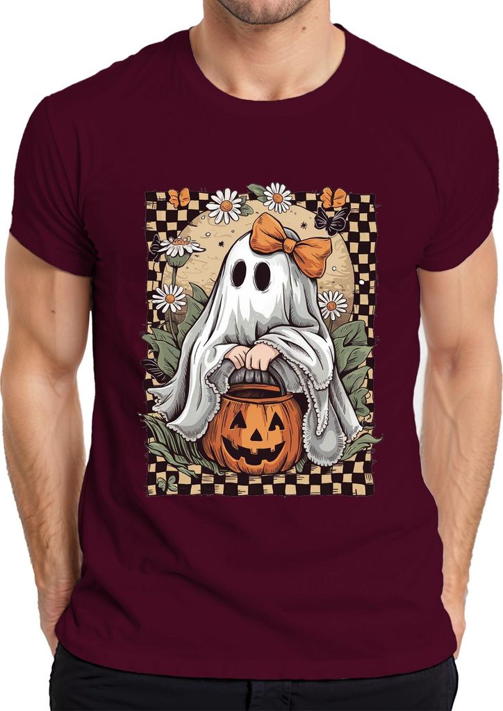 Süßes Gespenst Halloween Kürbis Gänseblümchen Schleife Retro Herren T-Shirt, Burgundy, XXL