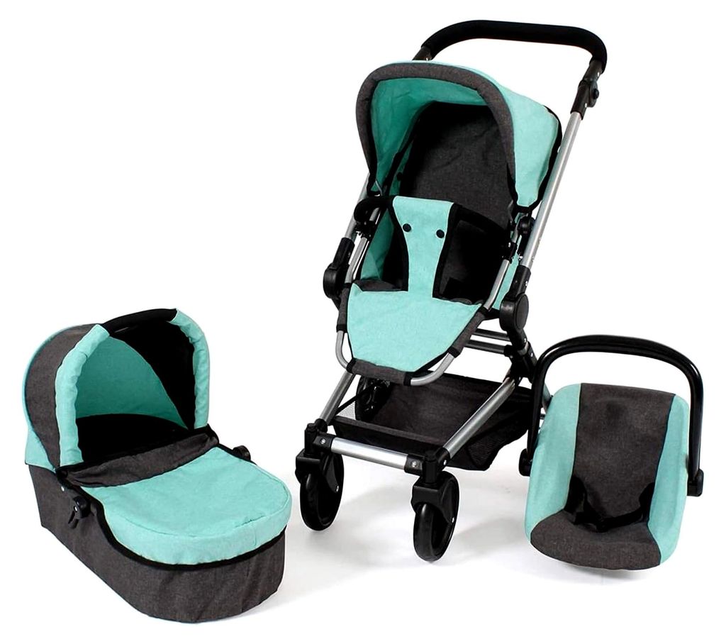 Puppenwagen Fides, 3in1 Puppenwagen-Set mit Babywanne, Sportsitz und Autositz, 61 x 44,5 x 85 cm, Melange Anthrazit-Mint