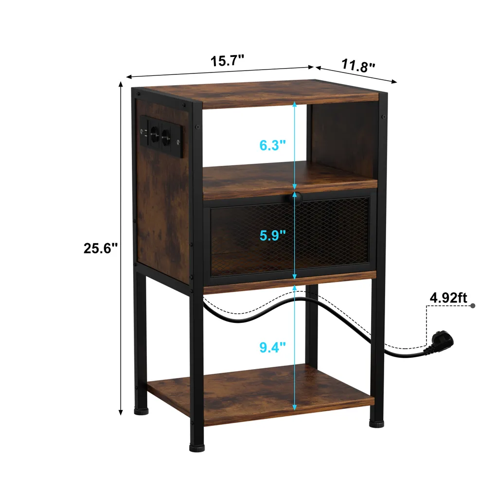 Supfine Table de Nuit avec Tiroirs et Prises USB Intégrées Brun Rustique - 2