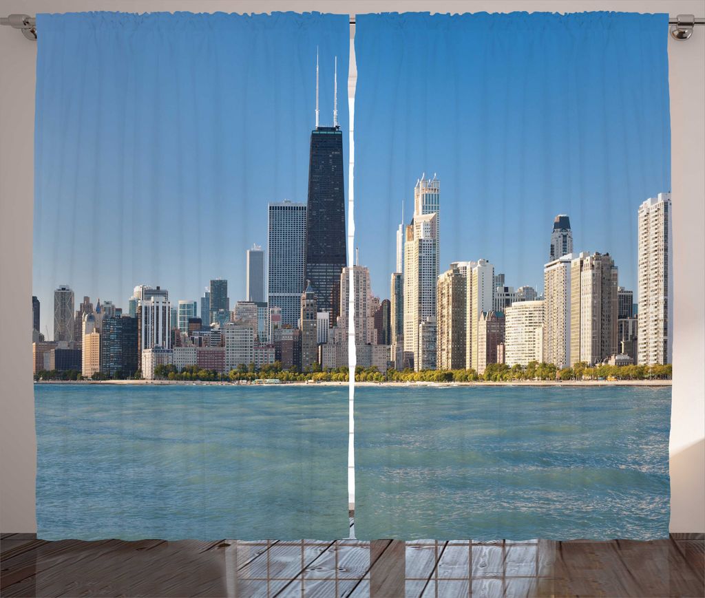 ABAKUHAUS Illinois Rustikaler Gardine, Panorama der Wolkenkratzer, Schlafzimmer Kräuselband Vorhang mit Schlaufen und Haken, 280 x 175 cm, Blaugrau
