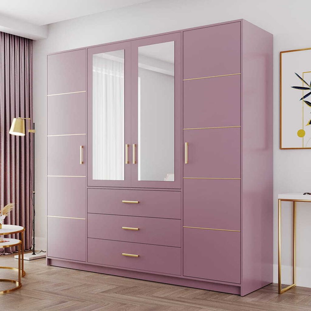 A modern bedroom with a large pink wardrobe and a floor lamp.