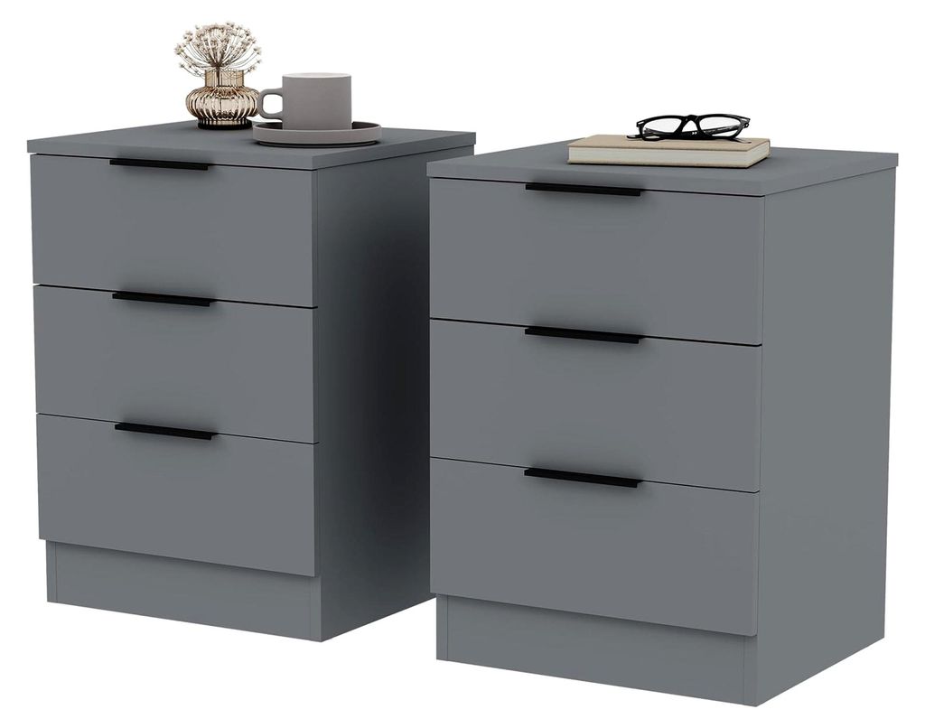 Trega Nachtkommode im 2er-Set mit 3 Schubladen, Grau, kompakt und platzsparend, 50 H x 39 B x 28 T cm, Holzwerkstoff, Gleitschubladen, silberne Gri...