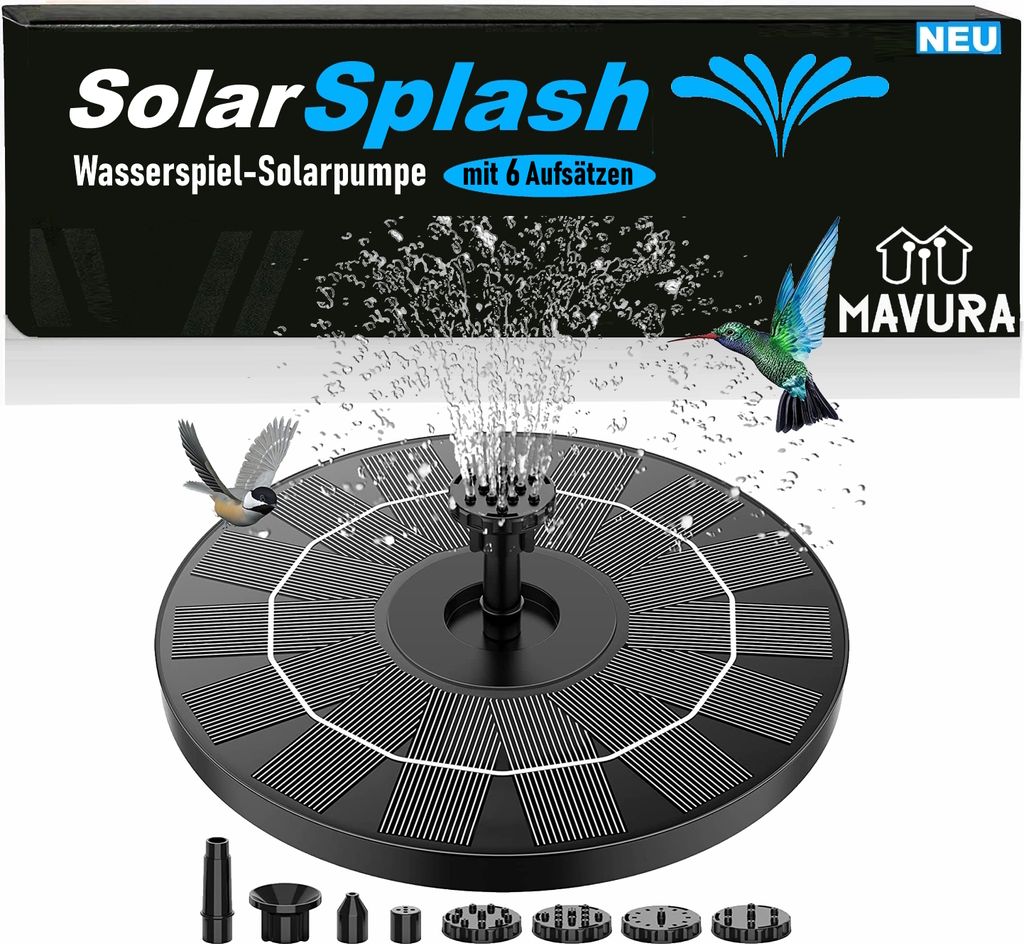 A solar-powered fountain pump with various attachments, shown in operation with water spraying and birds nearby, set against a product box background.