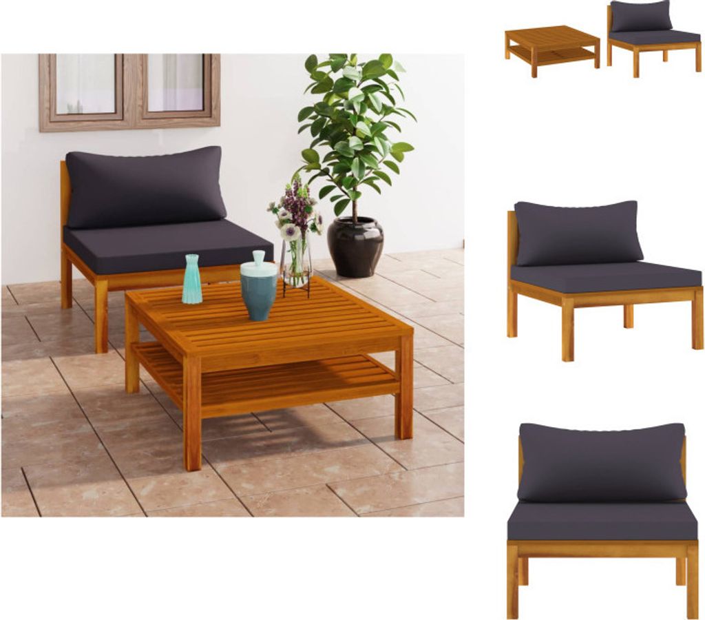 vidaXL 2-tlg. Garten-Sofagarnitur mit Dunkelgrauen Kissen Akazienholz - Gartensofaelemente