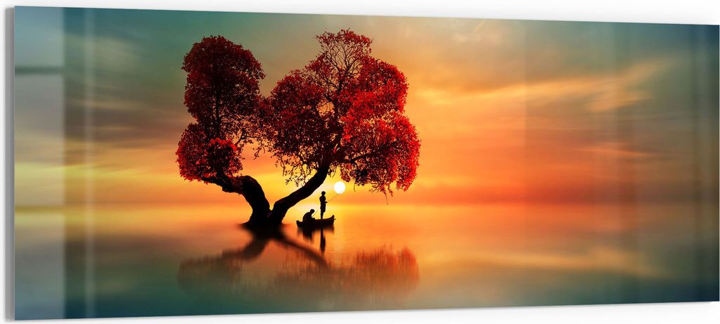 DEQORI Glasbild Echtglas 125x50 cm 'Fischerboot unter Baum' Wandbild Bild modern Deko