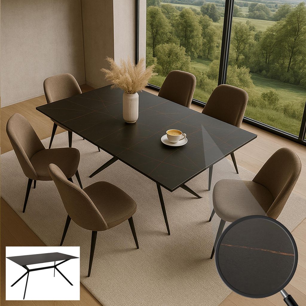 Esszimmertisch HWC-O58, Esstisch Sinterstein Metall, Marmor-Optik 160cm schwarz-gold