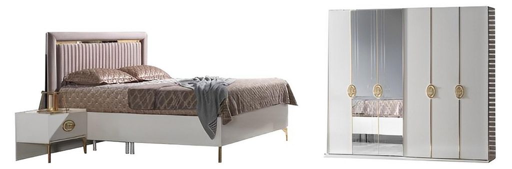 Schlafzimmer Set Bett + 2x Nachttische + Kleiderschrank Luxus Moderne Möbel 4tlg