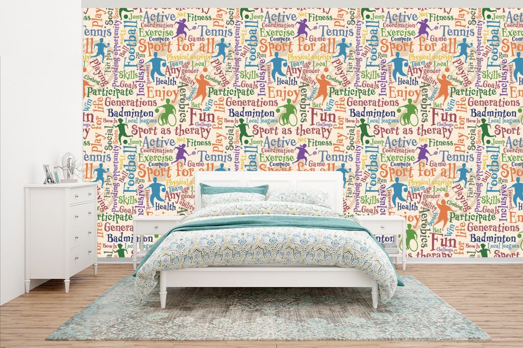 MuchoWow Fototapete für Wohnzimmer oder Schlafzimmer Wandtapete Vinyl Motivtapete Muster - Sport - Alphabet - Zitate - 465x260 cm - Hintergrundbild