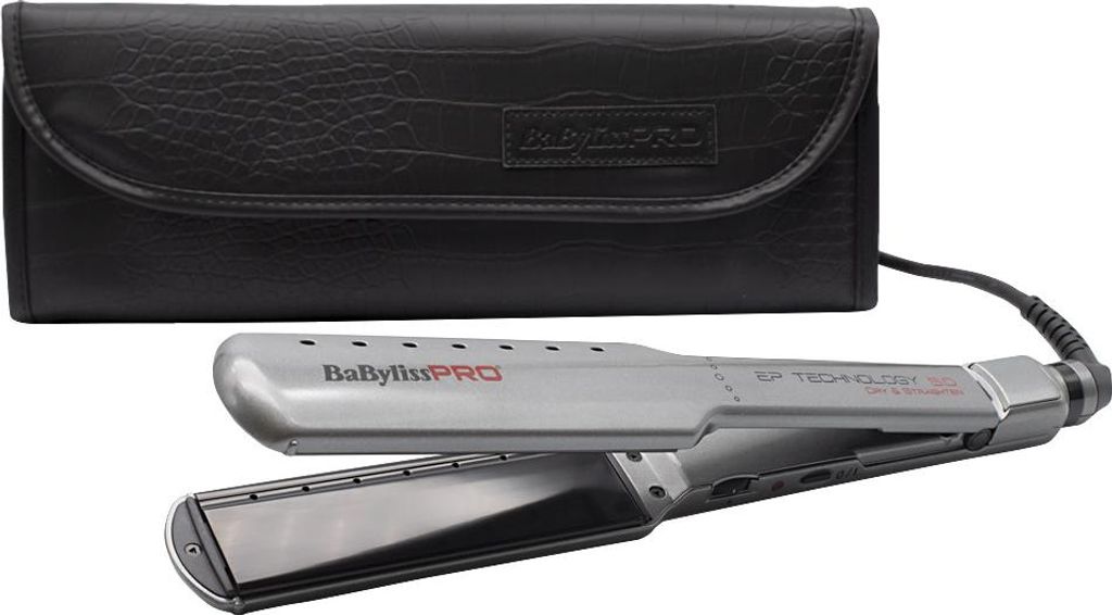A BaBylissPRO hair straightener and its storage case are displayed against a white background.