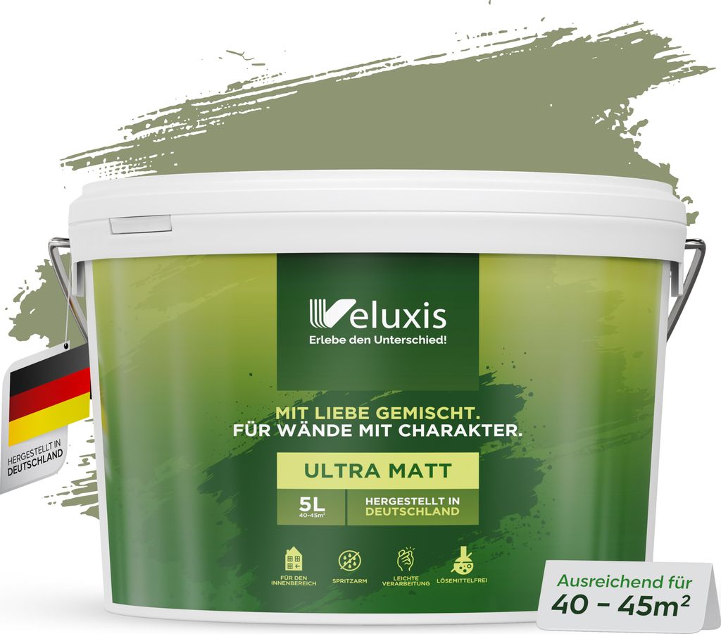 Veluxis Wandfarbe Grün für den Innenraum - 5 Liter & Deckkraft-Klasse 1, Streifenfrei, tropfarm & Öko Farbe, VOC-frei - (Balmy Basil)