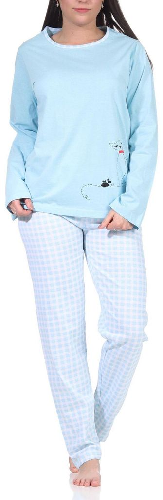 Damen langarm Schlafanzug Pyjama mit süssen Katzen Motiv und karierter Jersey Hose ; hellblau , 40