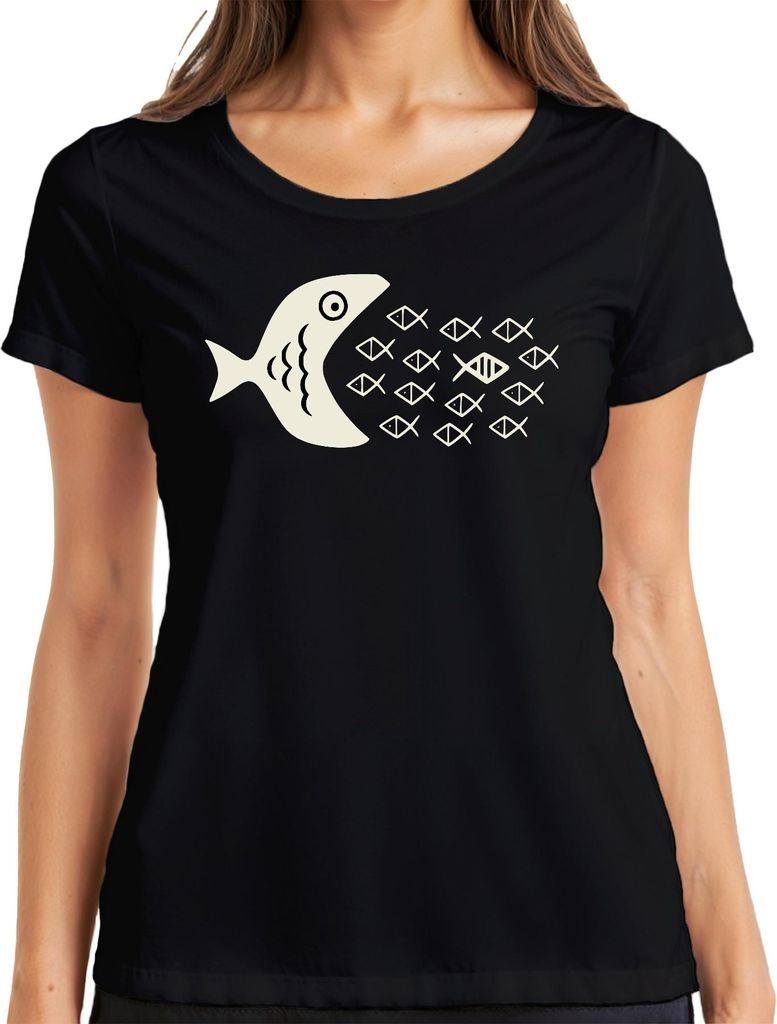 Großer Fisch frisst kleine Fische Fischschwarm Meer Ozean Maritim Damen T-Shirt, Schwarz, M