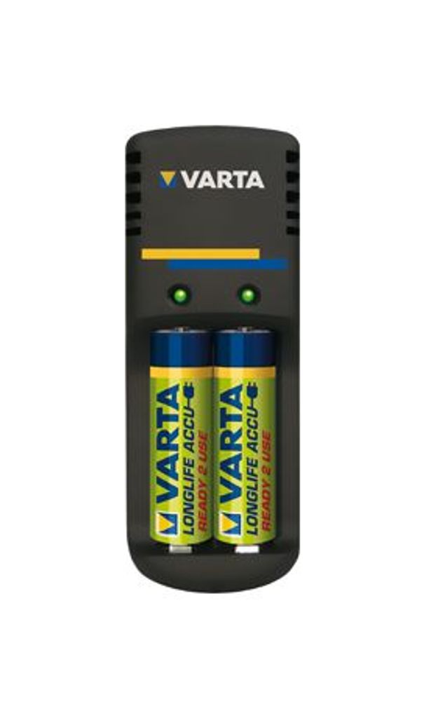 A VARTA battery charger with two AA batteries inserted.
