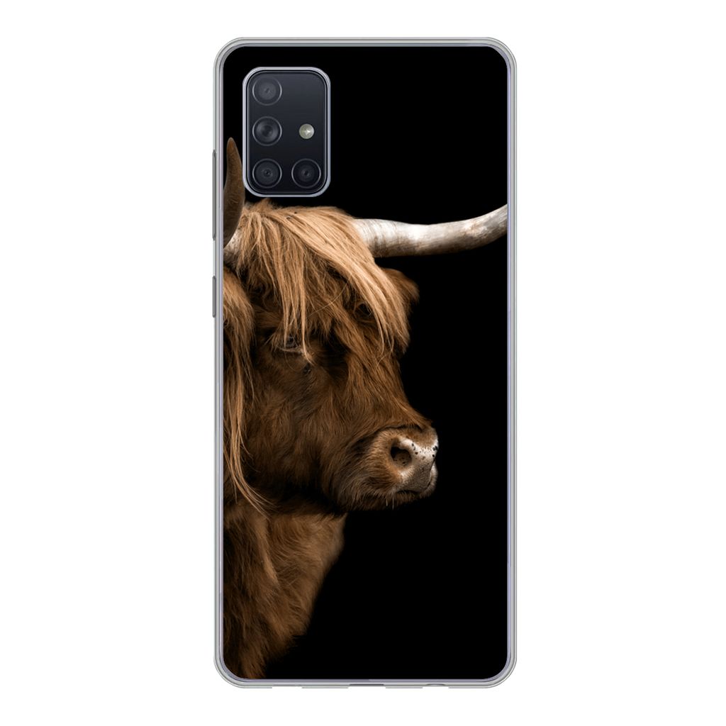 MuchoWow Handyhülle Schutzhülle Hülle für Samsung Galaxy A71 Schottischer Highlander - Kuh - Schwarz Silikon Softcase Handy Hülle - Kartenbe...