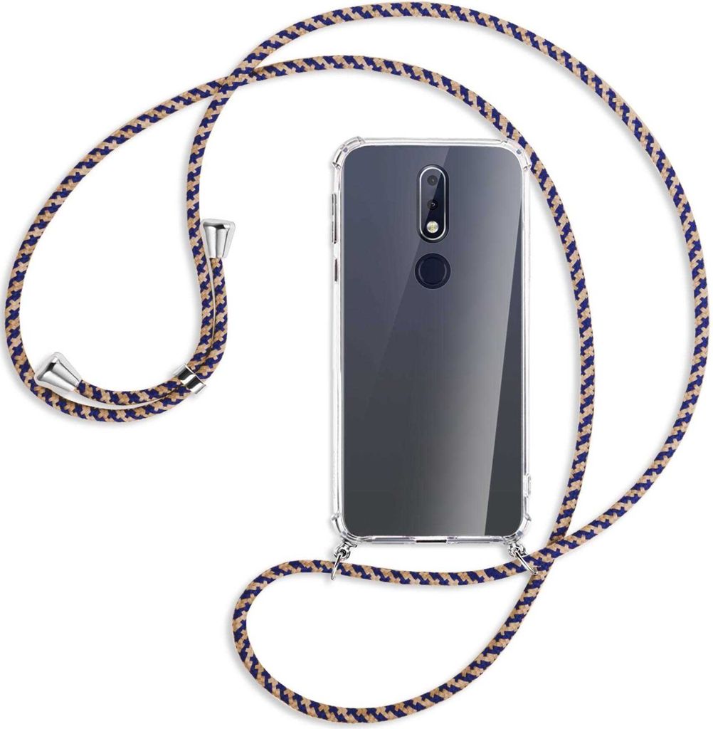 Handykette Backcover-Schutzhülle mit Band (Metall silberfarben) für Nokia 7.1 - blau+beige