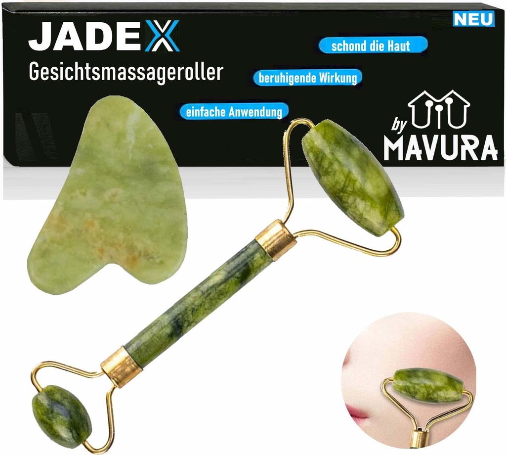 JADEX Premium Jade Roller Set Face Roller Massagegerät Gua Sha Gesichtsmassage