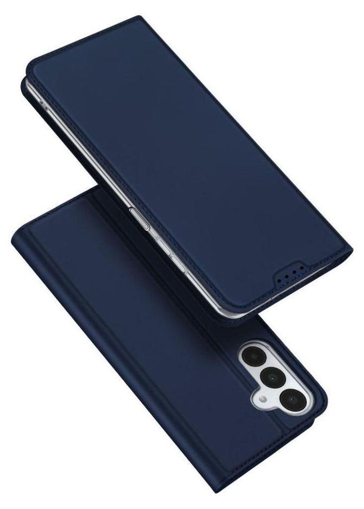 A dark blue flip phone case shown from a diagonal angle, with the phone inside and the cover open.
