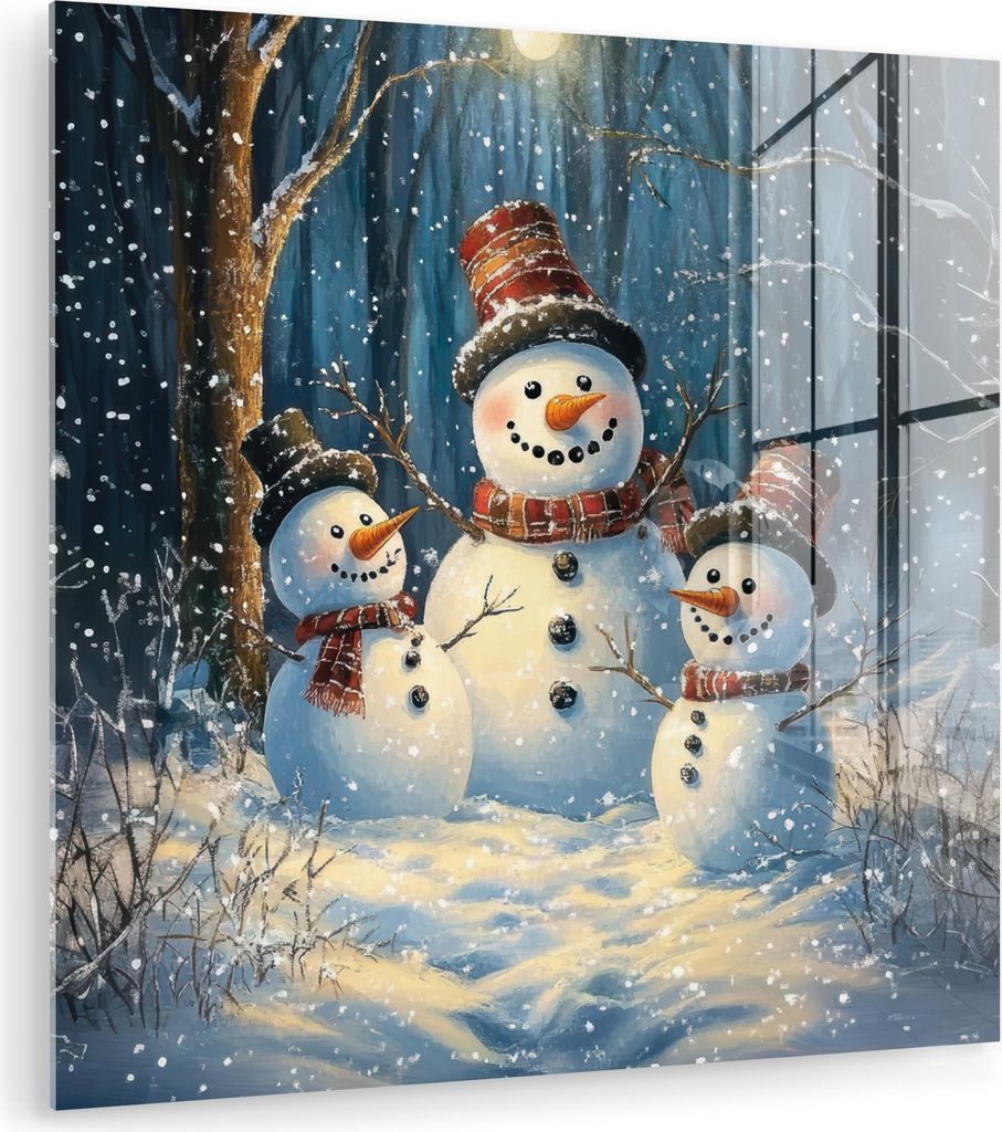 MuchoWow Glasbilder - Bilder auf Wandbild - Foto auf Glas Schneemann - Schnee - Winter - Wald 30x30 cm Wanddekoration aus Glas - Acrylglasbild - Ac...