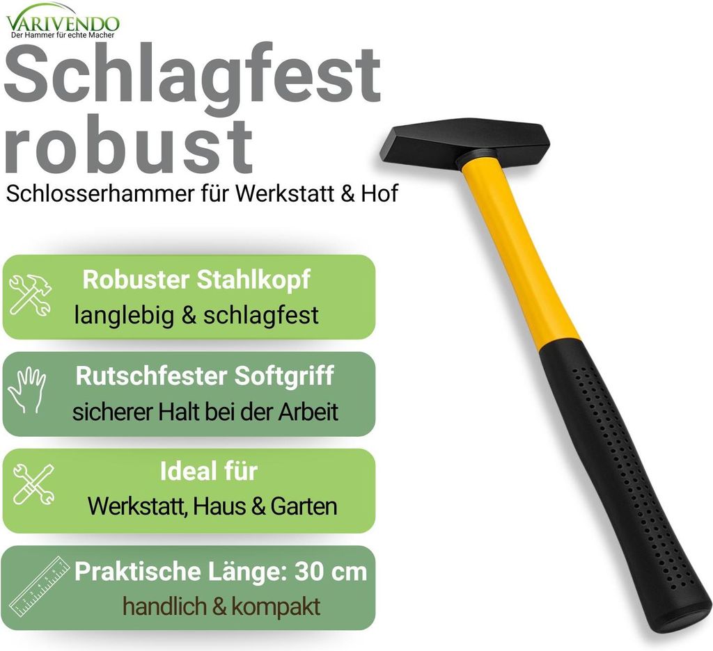 Präziser Schlosserhammer 300g – Robuster Handhammer für Handwerk & Montage, 300mm Länge, 1 Stück, Metall/Holz