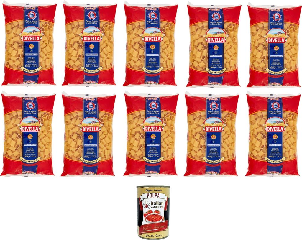 Divella Mezze Maniche N°55 Hartweizengrieß Pasta Italienische Nudeln 10x500g Packung + Italian Gourmet Polpa di Pomodoro 400g