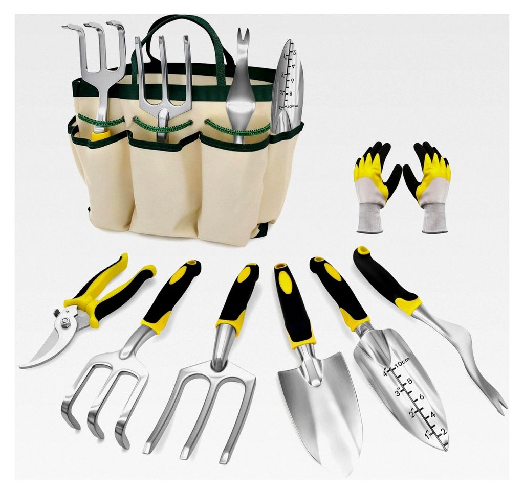 Gartengeräte Set 8 in 1 mit Aufbewahrungstasche, Gartenschaufel mit Gummigriff und Handwerkzeuge