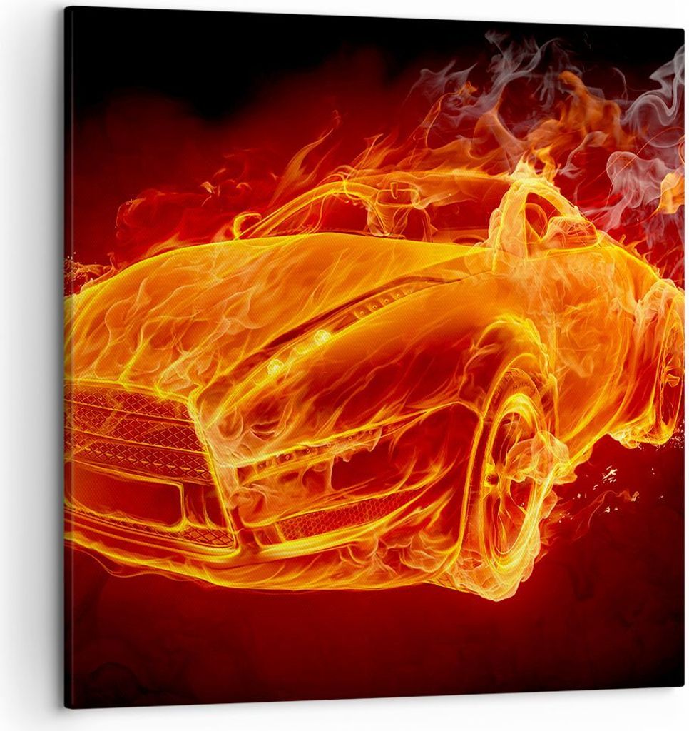 Bild auf Leinwand - Leinwandbild - Auto Flammen Räder - 50x50cm - Wand Bild - Wanddeko - Wandbilder - Leinwanddruck - Bilder - Kunstdruck - Wandde...
